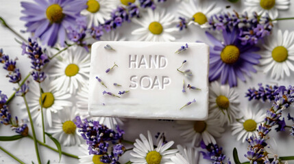 Photo of handmade hand soap on a background of chamomile and lavender flowers, in the middle the inscription “HAND SOAP”