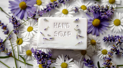 Obraz premium Photo of handmade hand soap on a background of chamomile and lavender flowers, in the middle the inscription “HAND SOAP”