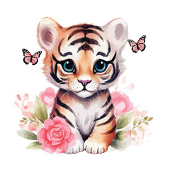 Cute tiger clipart with watercolor with pink flower a