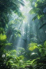 a jungle scene with sunlight streaming through the trees © klakonstudio