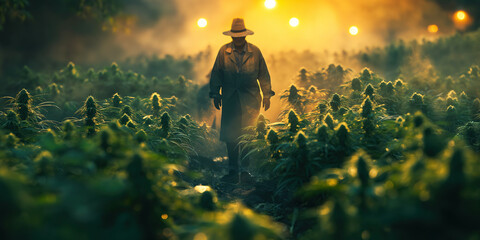 male farmer owner of a farm in an illegal field with marijuana cannabis - obrazy, fototapety, plakaty