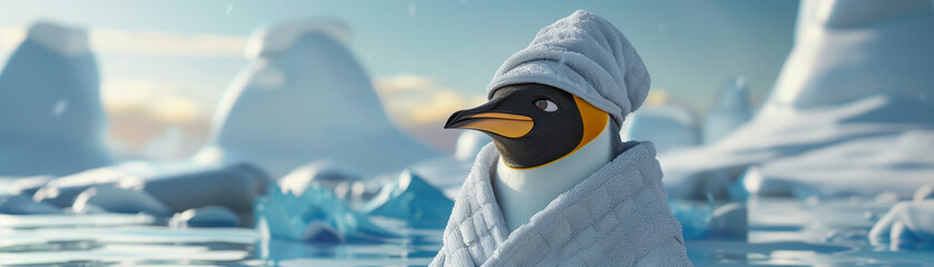 Playful penguin in a towel turban and bathrobe, icebergs in soft 3D, surrealistic style - obrazy, fototapety, plakaty