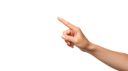 woman hand pointing upwards on a isolated white background