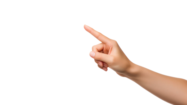 woman hand pointing upwards on a isolated white background