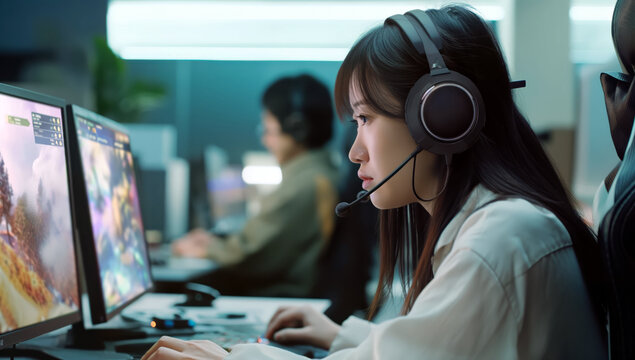 A woman in an office setting, concentrating on her computer screen while wearing headphones.