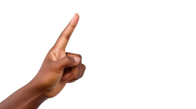 woman hand pointing upwards on a isolated white background