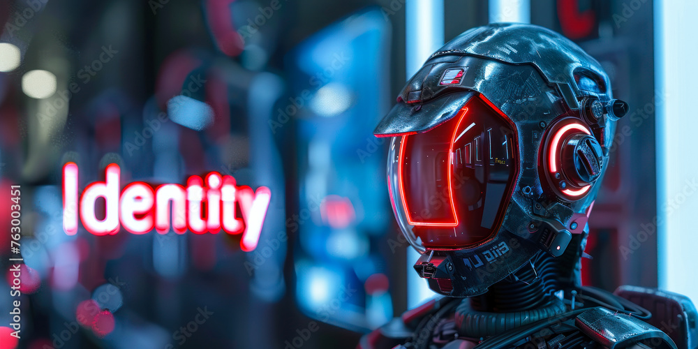 Poster futuristic robot concept with identity neon sign reflecting the modern challenges of technology, art