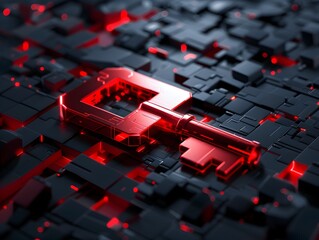 Glowing Red Technological Circuit on Dark Futuristic Geometric Backdrop