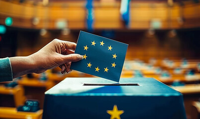 European Union ballot with a voting card being inserted into a ballot box, symbolizing democracy, governance, and citizen participation in EU elections - obrazy, fototapety, plakaty
