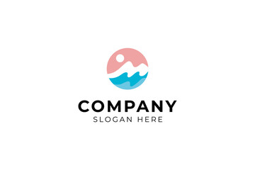 Mountain and ocean waves logo design in flat design style