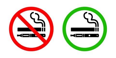 No smoking no vaping and smoking area sign set. Forbidden sign icon isolated on white background vector illustration. Cigarette, vape in prohibition circle and green allowed area. - obrazy, fototapety, plakaty