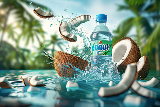 Advertise image of coconut juice bottle with " coconut 100% " label. A coconut peel spirals around it, with a fruit piece floating above and a splash of juice. A coconut farm as background, captivatin