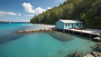A coastal cabin with a private dock extending into the turquoise waters, perfect for mooring a...