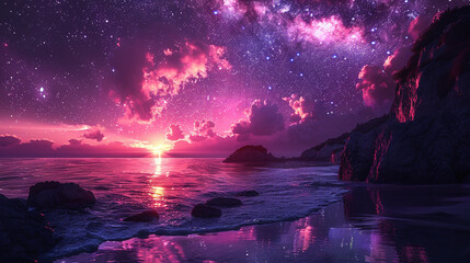 Fototapeta premium Sunset against the backdrop of the sea and a purple-blue dark gradient sky