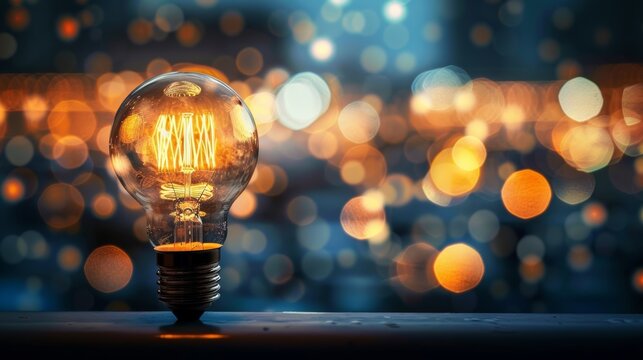 Incandescent light bulb on bokeh background, energy saving concept