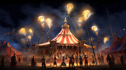 A whimsical circus where performers juggle fire walk  - obrazy, fototapety, plakaty