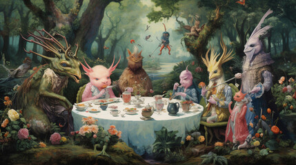 A whimsical garden party attended by mythical creature