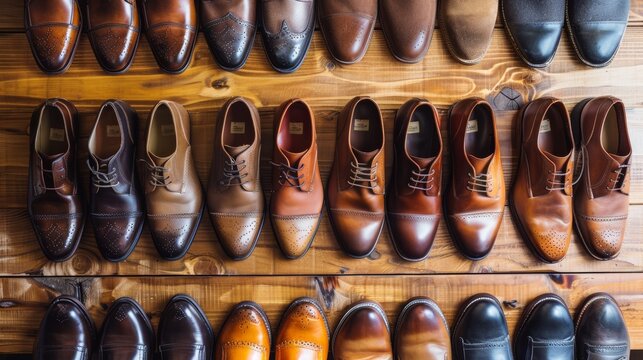 Men's leather shoes on a wooden shelf in the store. View from above.