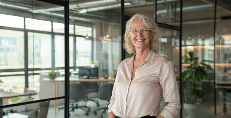 Old senior businesswoman with white hair stands in modern office and smiles into the camera - power woman, career, boss