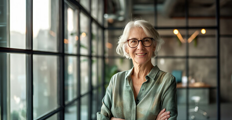 Old senior businesswoman with white hair stands in modern office and smiles into the camera - power woman, career, boss - 763005282