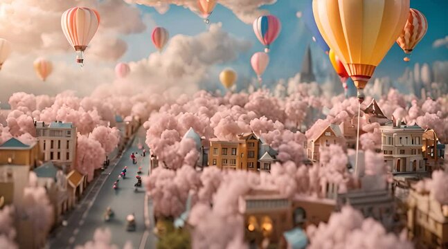A Gentle Journey, Hot Air Balloons Drift Peacefully Over a Miniature Townscape