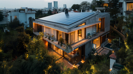 Fototapeta na wymiar Modern House With A Solar Panel Roof. Generative AI.