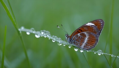 Fototapeta na wymiar A Butterfly Resting On A Dew Covered Blade Of Gras Upscaled 4