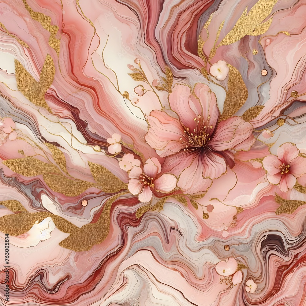 Poster marble abstract background with pink and beige flowers. liquid marble pattern generative by ai