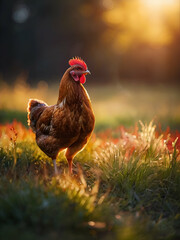 chicken in the grass with the sunset ,hen with the sunlight - obrazy, fototapety, plakaty