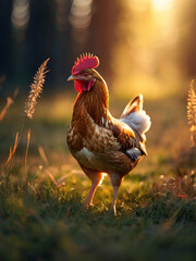 chicken in the grass with the sunset ,hen with the sunlight - obrazy, fototapety, plakaty