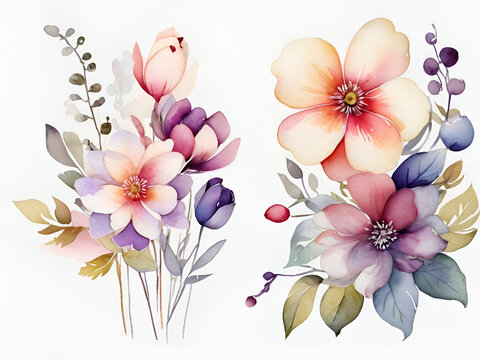 Flowers painted by watercolor on white background, flowers clipart