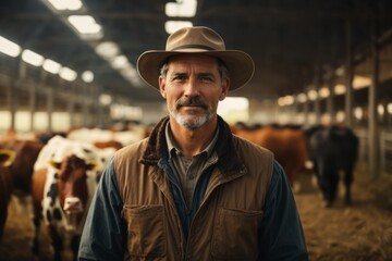 breeder male cattle farmer with cows background.