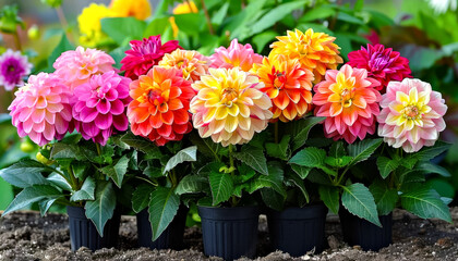 Colorful dahlias flowers in small pots. Gardening and Flowering background. - obrazy, fototapety, plakaty