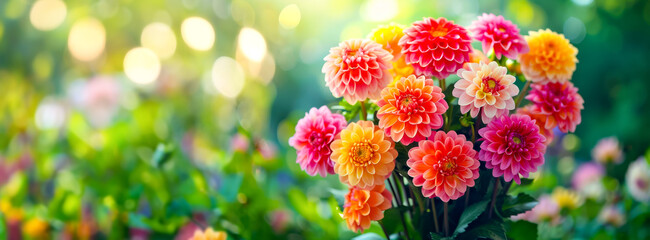 Summer garden with colorful dahlias flowers. Gardening and Flowering background. - obrazy, fototapety, plakaty
