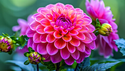 Closeup colorful dahlia flowers. Gardening and Flowering background.