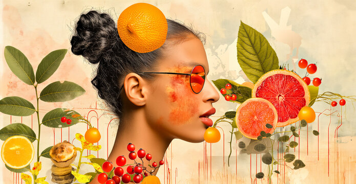  Abstract portrait woman with orange glasses, fruits and flowers. Modern art trendy collage on vintage background.