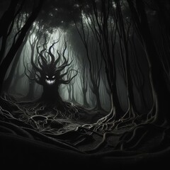 Creepy horror forest with scary tree.
