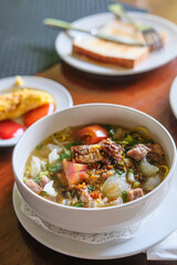 Traditional Soto Bogor, traditional noodles soup from West Java , Indonesia.