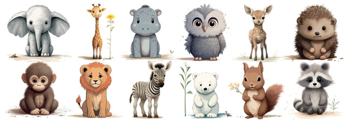 Adorable Collection of Illustrated Baby Animals: Elephants, Giraffes, Hippos, Owls, Deers, Hedgehogs, Monkeys, Lions, Zebras, Polar Bears, Squirrels
