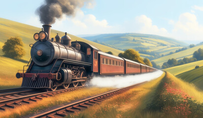 Vintage steam engine train chugging through a pastoral countryside landscape,ai generated - obrazy, fototapety, plakaty