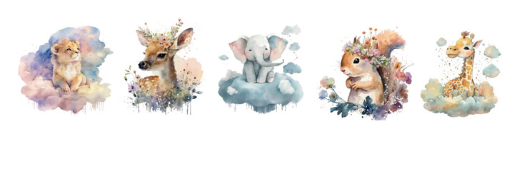 Watercolor Illustration Safari Animal banner. Cute characters isolated on white background, vector illustration set - obrazy, fototapety, plakaty