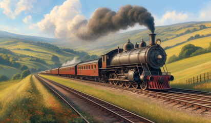 Old-fashioned steam train journeying across countryside landscapes, leaving a trail of smoke,ai generated