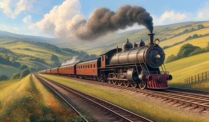 Poster Old-fashioned steam train journeying across countryside landscapes, leaving a trail of smoke,ai generated © Rajesh