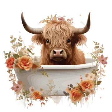 Floral Highland Cow in bathtub clipart 
