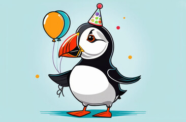 Cute cartoon puffin Happy Birthday greeting card, little puffin bird in a bday hat with balloons