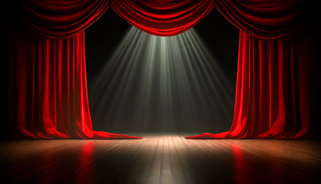 Magic theater stage with red curtains and show spotlight on wooden floor in a dark room, empty scene with copy space. Generative Ai.