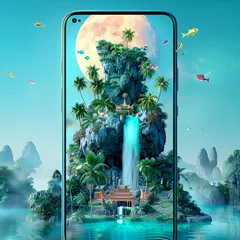 Crédence de cuisine en verre imprimé Turquoise landscape with trees and sea