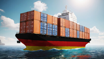 Ship with Germany flag. Sending goods from Germany across ocean. Germany marine logistics companies. Transportation by ships from Germany.