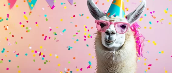 Poster lama wearing sunglasses and a colorful birthday hat, with confetti flying around on a pink background © wanna