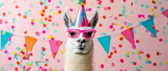 Papier Peint photo Lama lama wearing sunglasses and a colorful birthday hat, with confetti flying around on a pink background